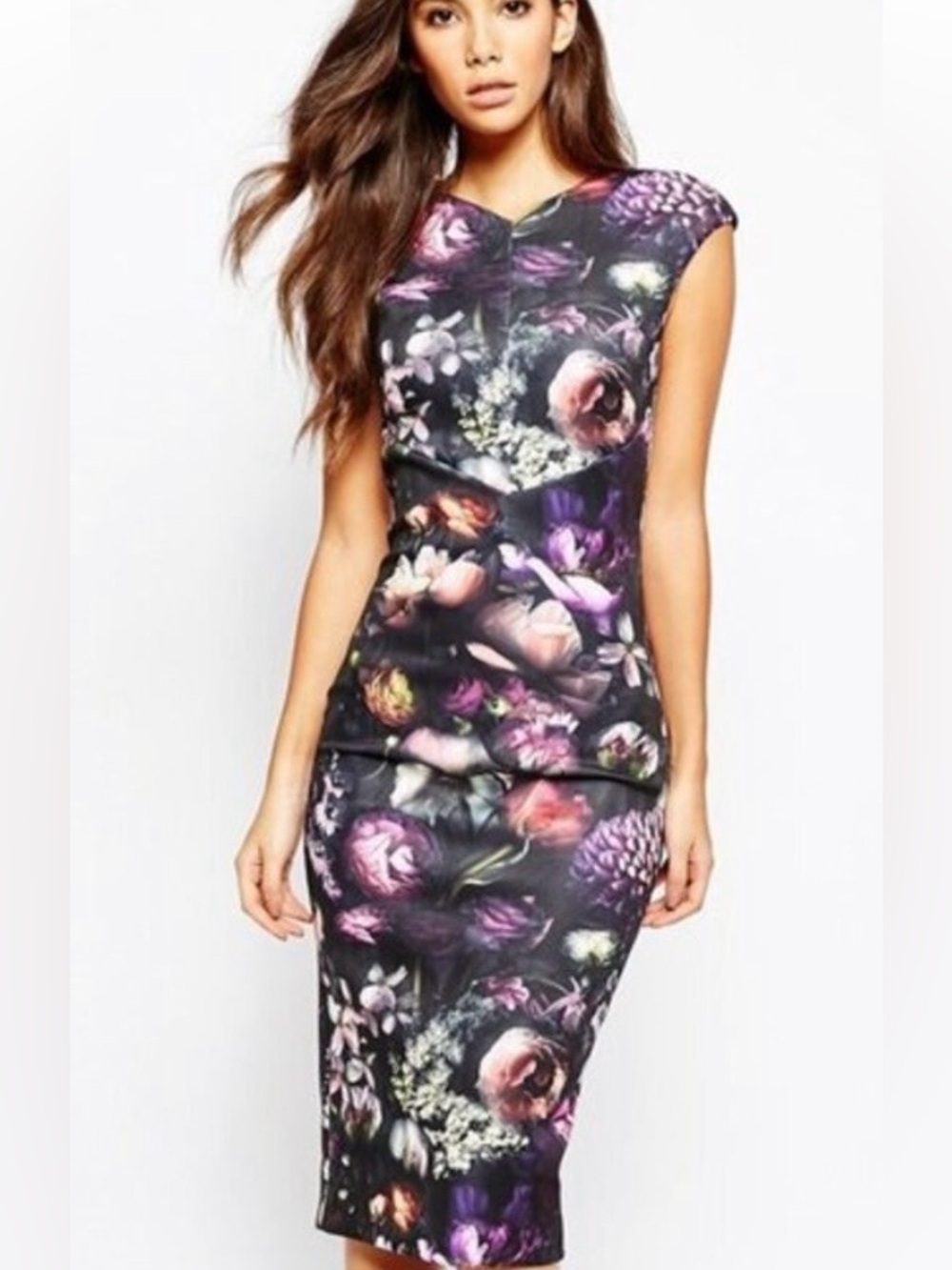Ted Baker Dark Purple and Pink Floral Midi Sheath Dress